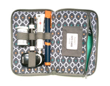 Load image into Gallery viewer, Inside the medium grey kit bag the lining is bold and geometric and brings a smile to your face when you come to open it and discover the beautiful pattern surrounding your essential blood testing kit.
