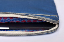 Load image into Gallery viewer, Inside view of 13 inch MacBook laptop sleeve showing the pink and blue decorative patterned fabric lining.
