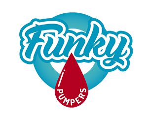 Funky written in blue letters on top of a blue circle with a red drop falling from the lower side, inside of which is written pumpers- the funky pumpers logo
