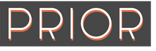 A grey rectangle is filled with the word PRIOR in white capital letters with a pink shadow
